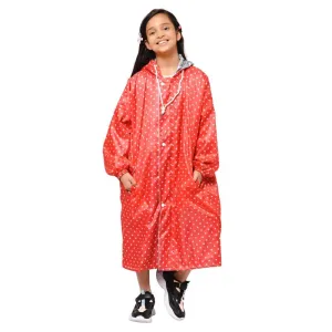 THE CLOWNFISH Drizzle Dot Series Kids Raincoat Waterproof Polyester Double Coating Reversible Longcoat with Hood and Reflector Logo at Back. Printed Plastic Pouch. Kid Age-7-8 years (Strawberry Red)